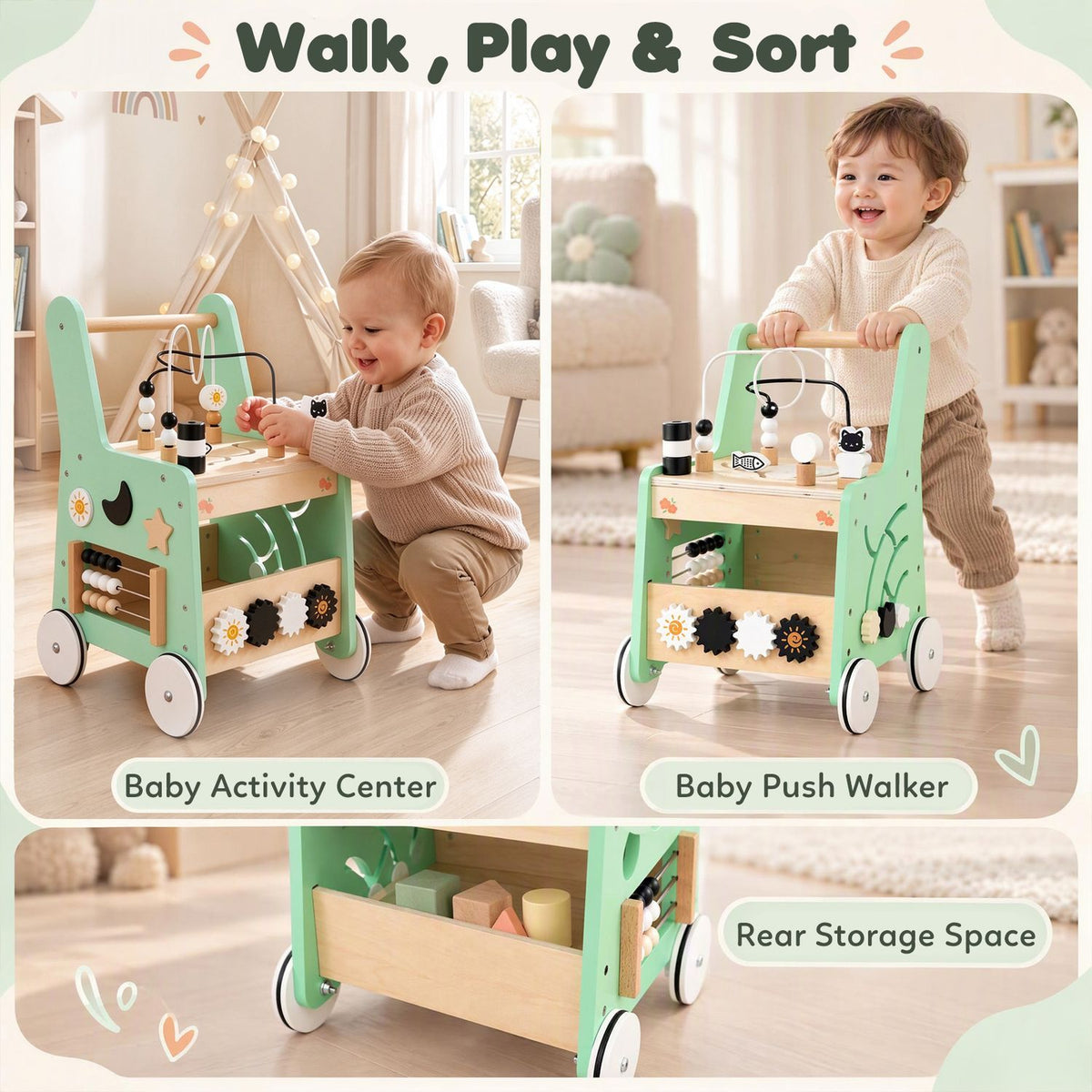 Three panels show a toddler using the mint-green walker, playing with its activities, and a view of its rear compartment.