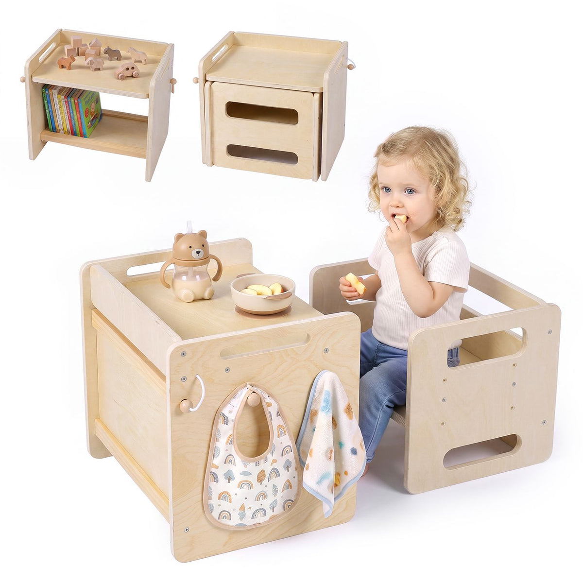 A child sits at a wooden table with a matching chair; inset views show the table used as a shelf and a step stool.