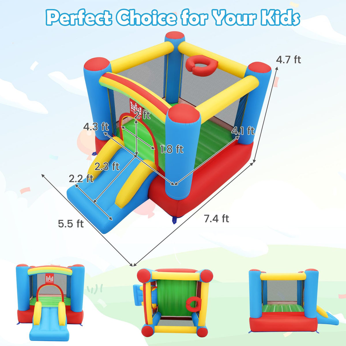 Angled view of the bounce house with measurement arrows and three smaller views below.