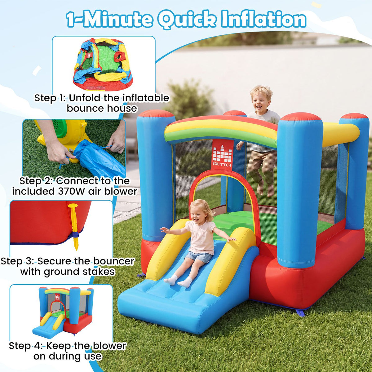 Children play on the inflatable slide beside inset photos illustrating setup steps.