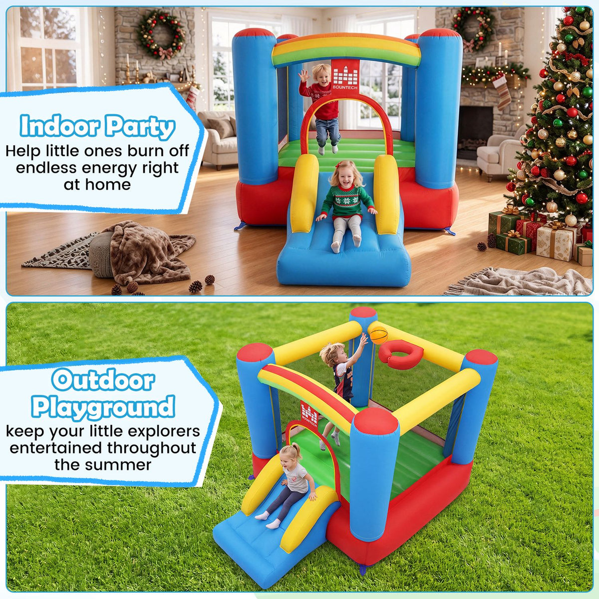 Colorful inflatable bounce house shown indoors at Christmas and on a sunny lawn, with children playing.