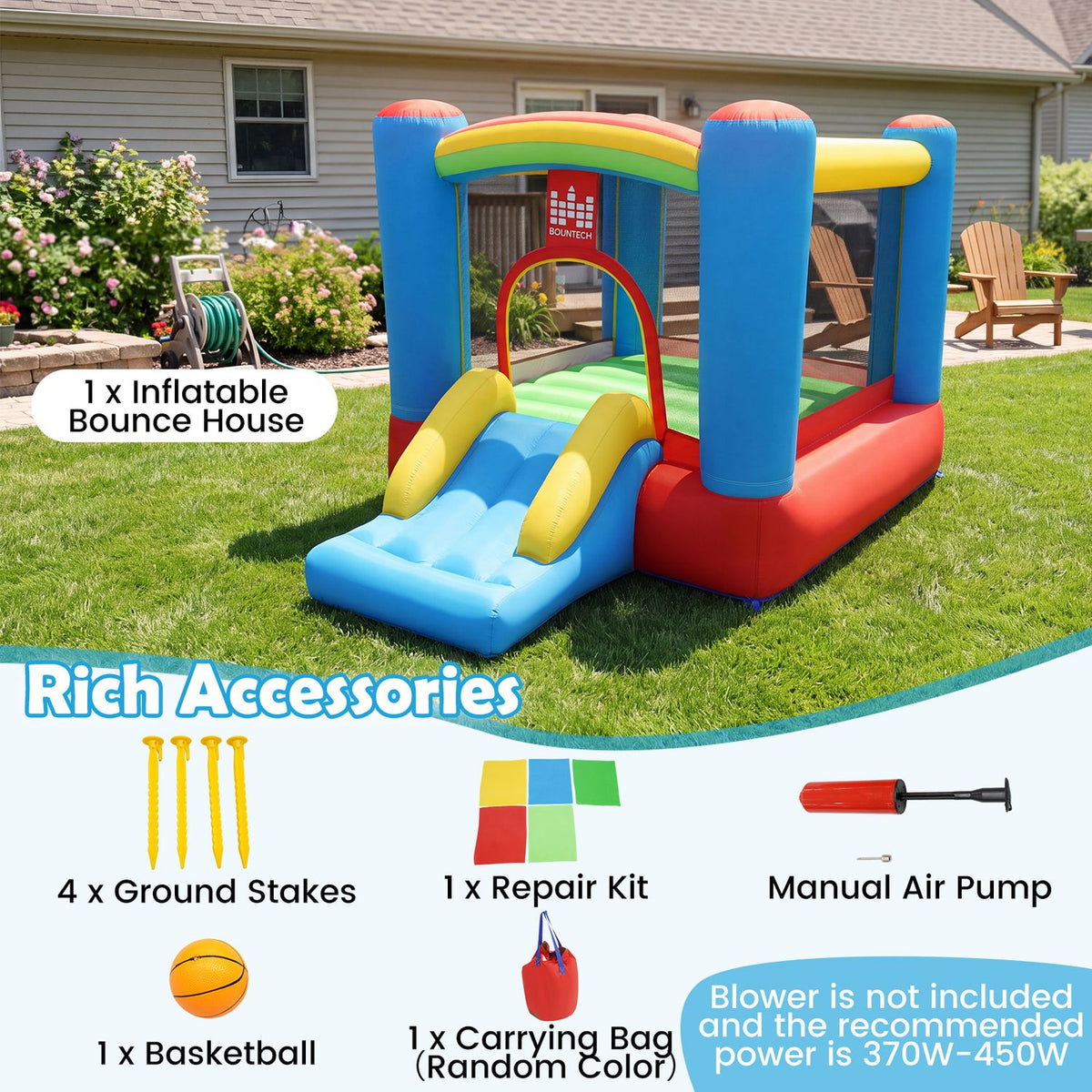 Inflatable bounce house pictured above an arrangement of stakes, repair kit, hand pump, ball, and carrying bag.