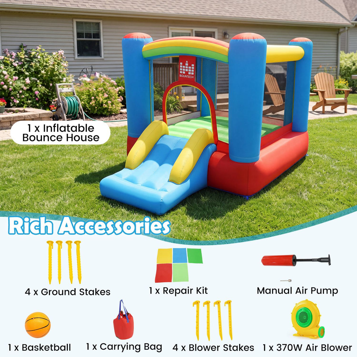 Inflatable bounce house shown with stakes, repair kit, hand pump, ball, carrying bag, and a yellow blower.
