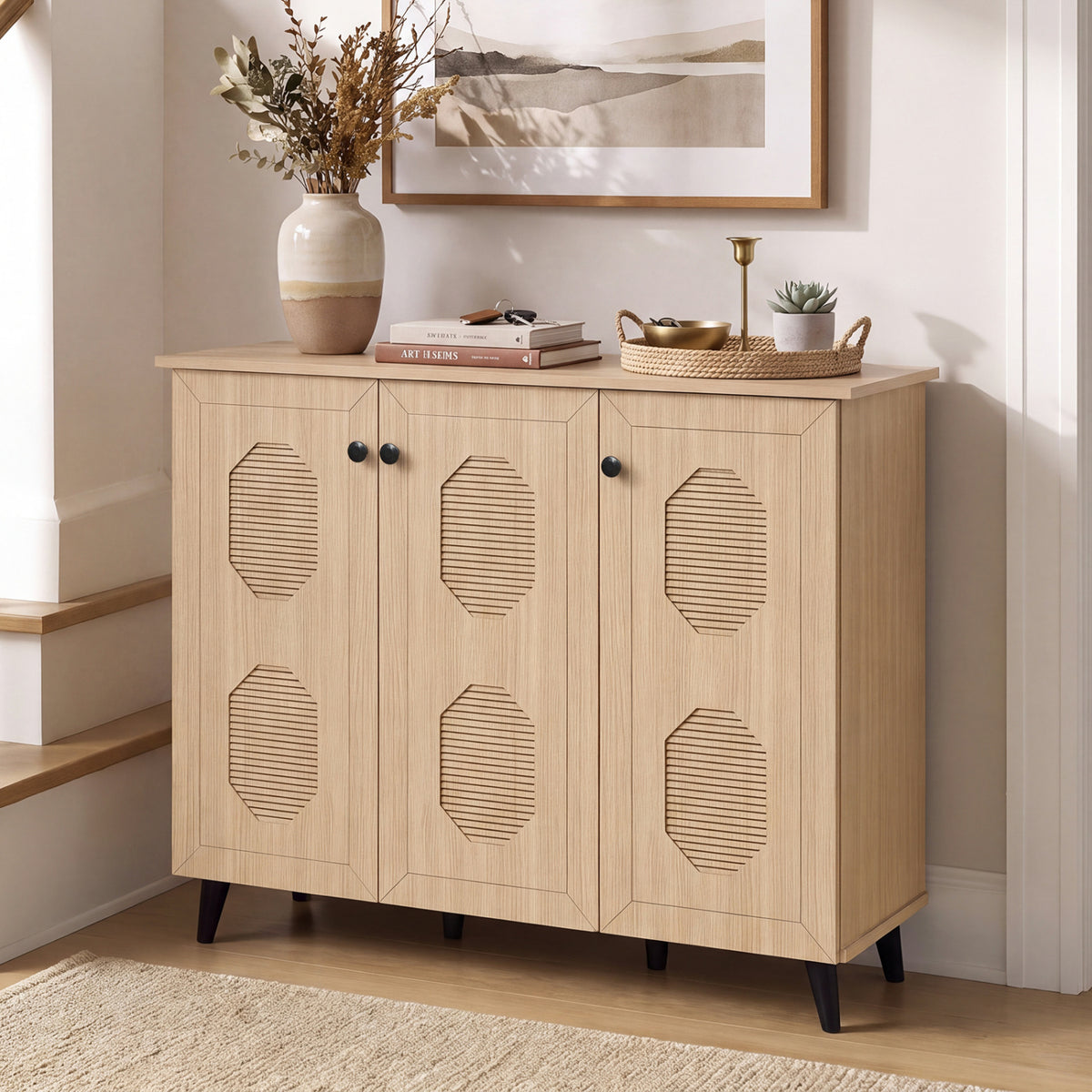 Natural Shoe Cabinet with 3 Doors Freestanding Closed Footwear Storage Unit for Entryway Hallway, Natural