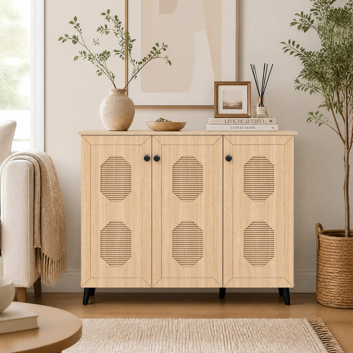 Natural Shoe Cabinet with 3 Doors Freestanding Closed Footwear Storage Unit for Entryway Hallway, Natural