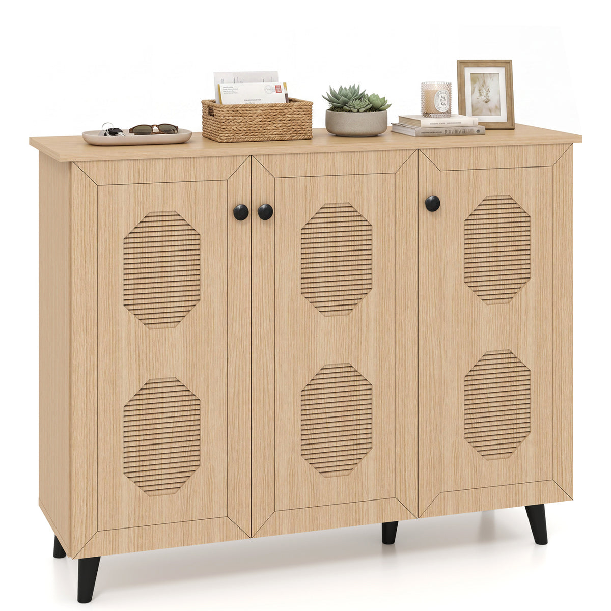 Natural Shoe Cabinet with 3 Doors Freestanding Closed Footwear Storage Unit for Entryway Hallway, Natural