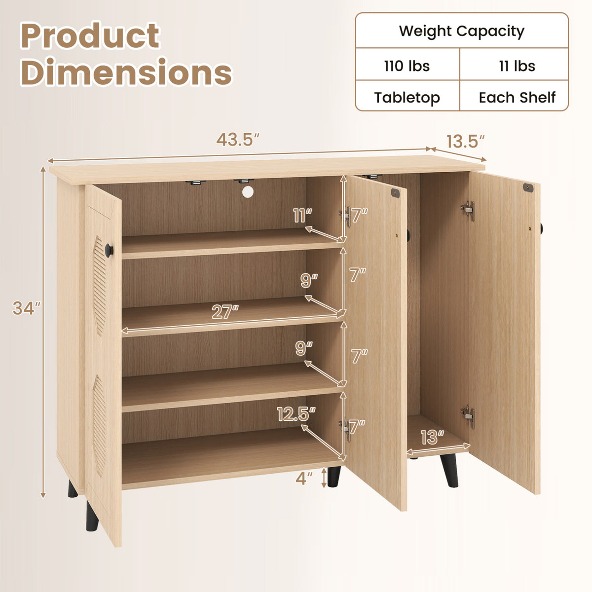 Natural Shoe Cabinet with 3 Doors Freestanding Closed Footwear Storage Unit for Entryway Hallway, Natural