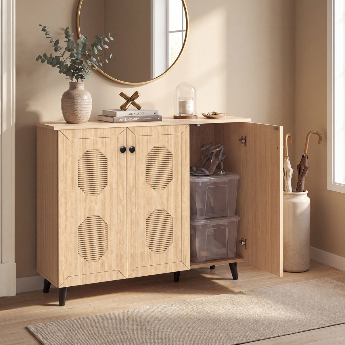 Natural Shoe Cabinet with 3 Doors Freestanding Closed Footwear Storage Unit for Entryway Hallway, Natural