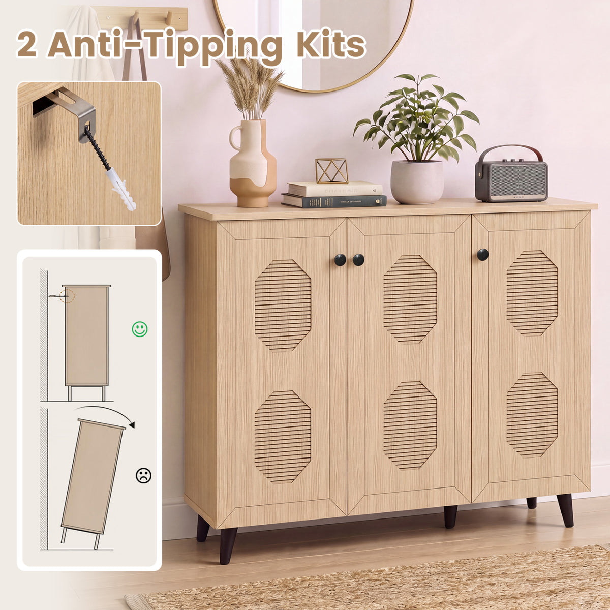 Natural Shoe Cabinet with 3 Doors Freestanding Closed Footwear Storage Unit for Entryway Hallway, Natural