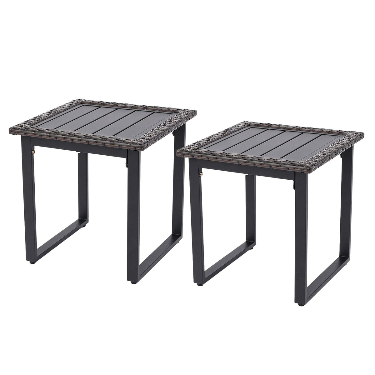 Two dark square side tables with woven borders and slatted tops shown against a white background.