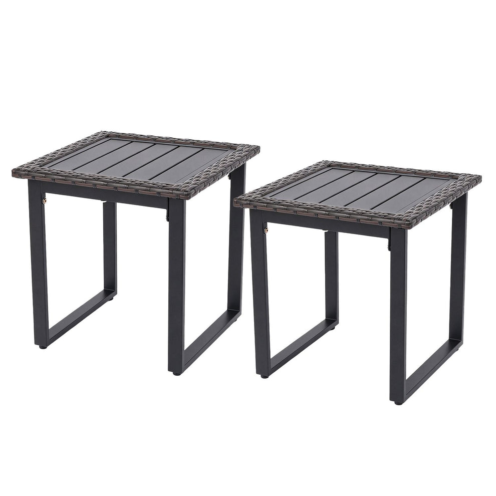 Two dark square side tables with woven borders and slatted tops shown against a white background.