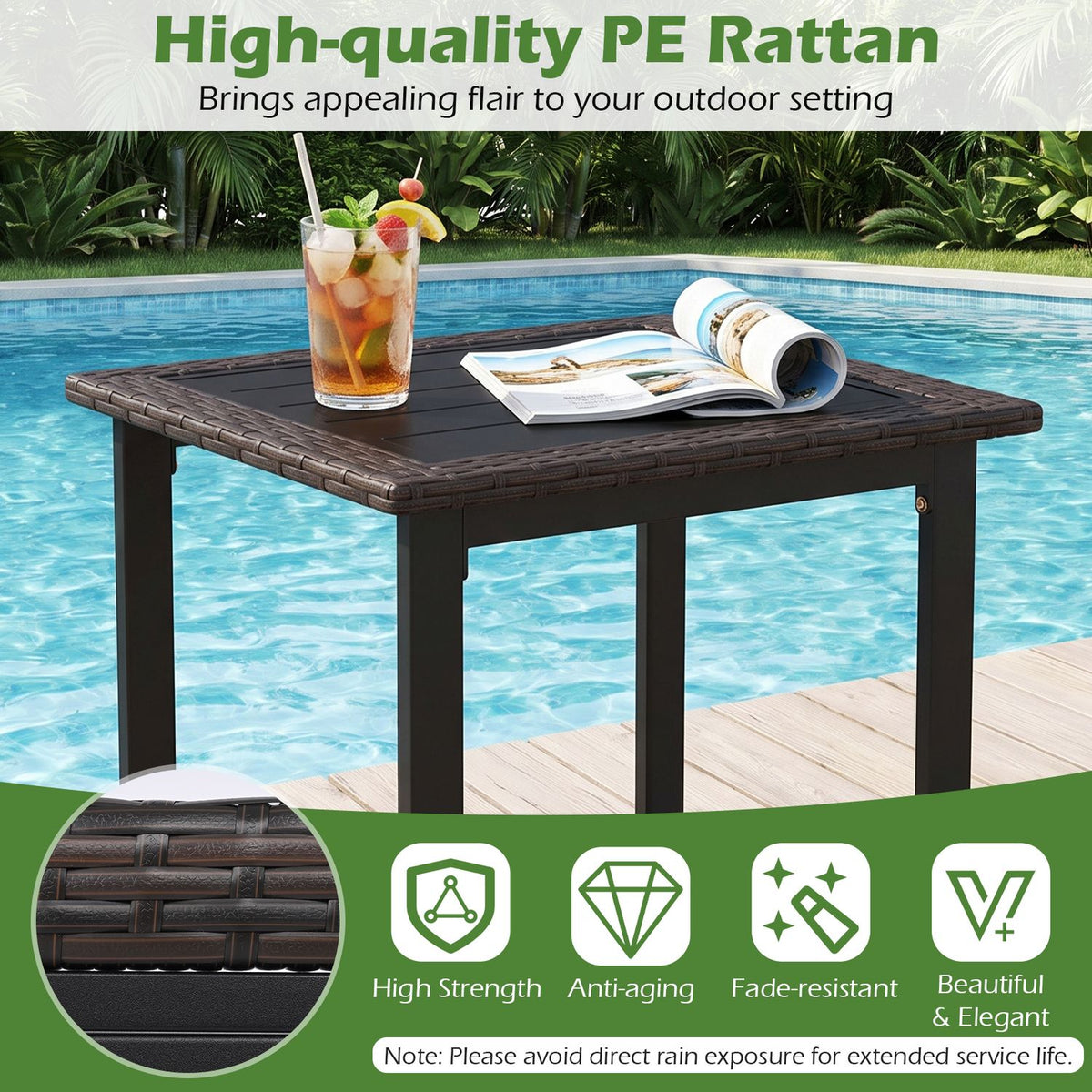 Woven-edge side table beside a pool, holding a drink and an open magazine.