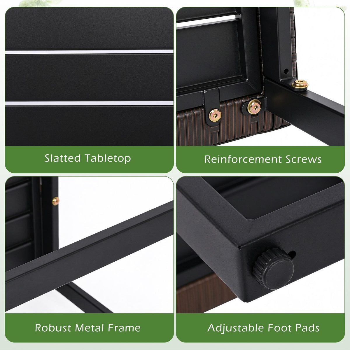 Close-ups show the slatted tabletop, frame joints, metal supports, and adjustable feet.