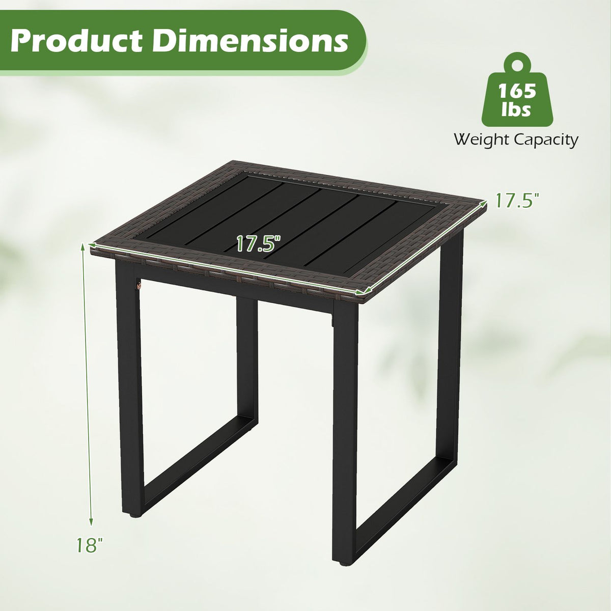 Side table shown with measurement arrows and a weight-capacity callout.