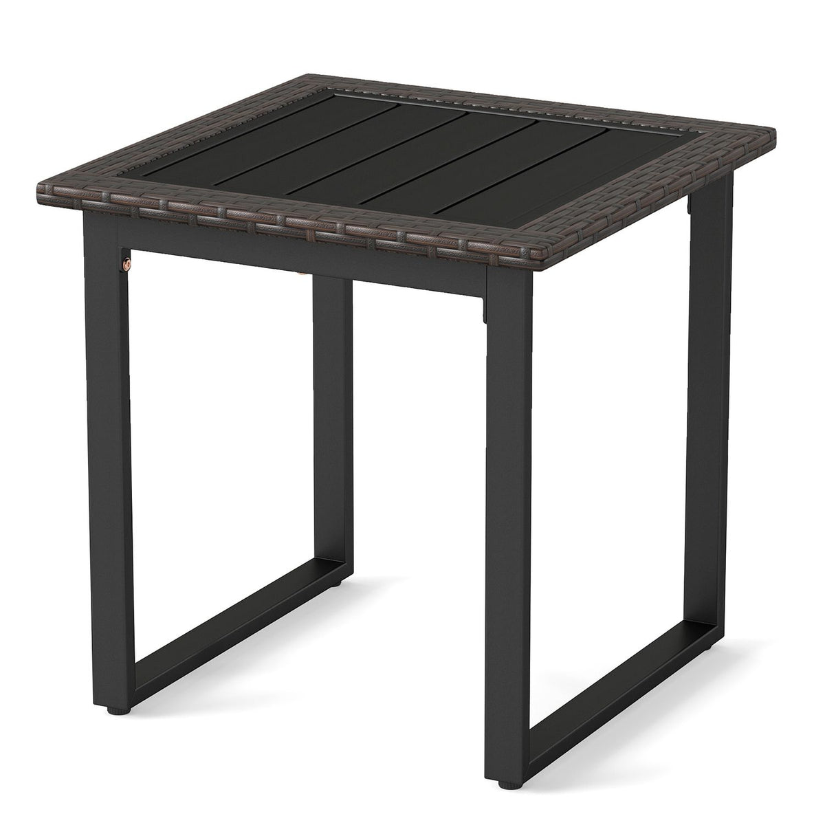 Dark square side table with a slatted top, woven border, and open rectangular legs.