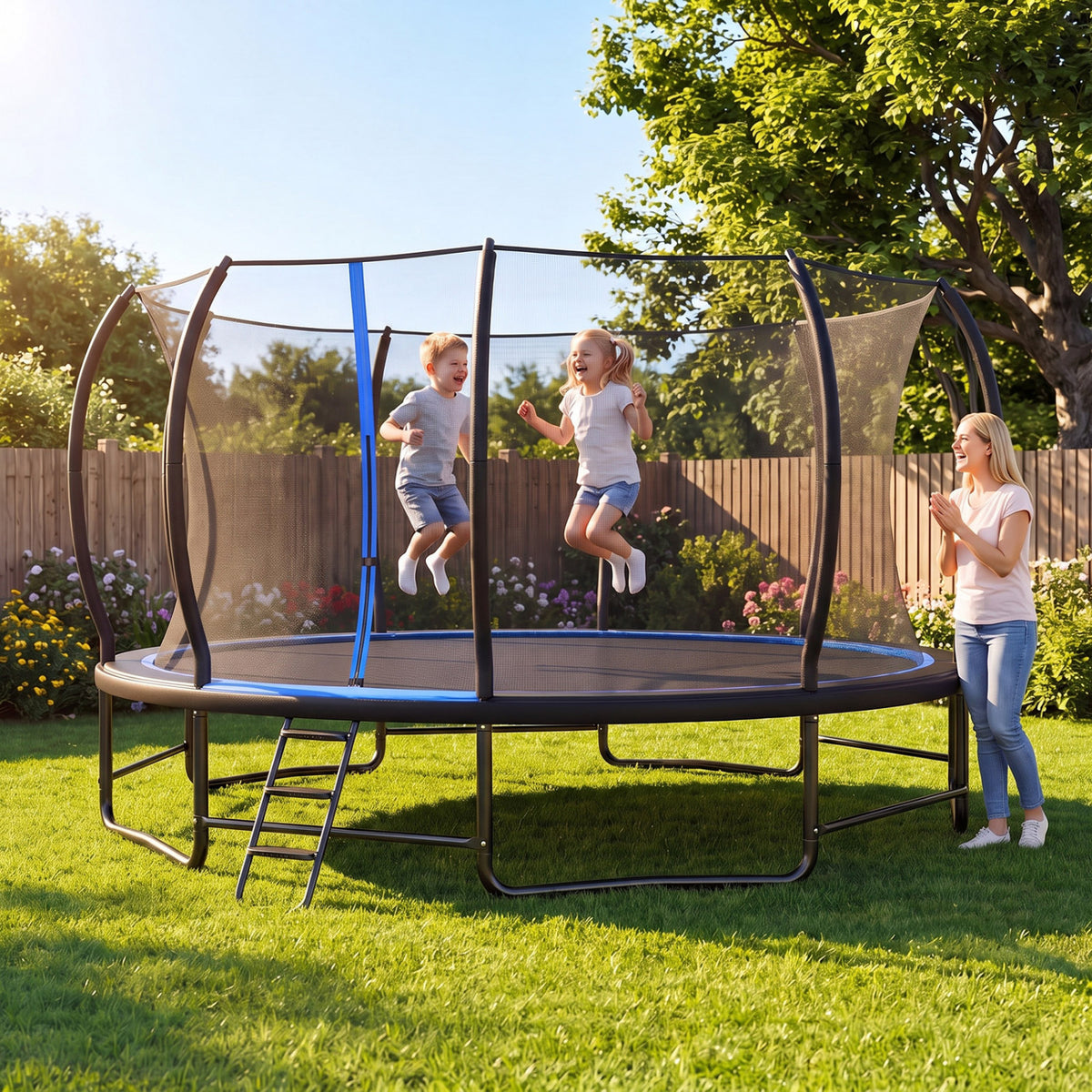 Outdoor Recreational Trampoline Giant Round Rebounder with Enclosure Net, Blue