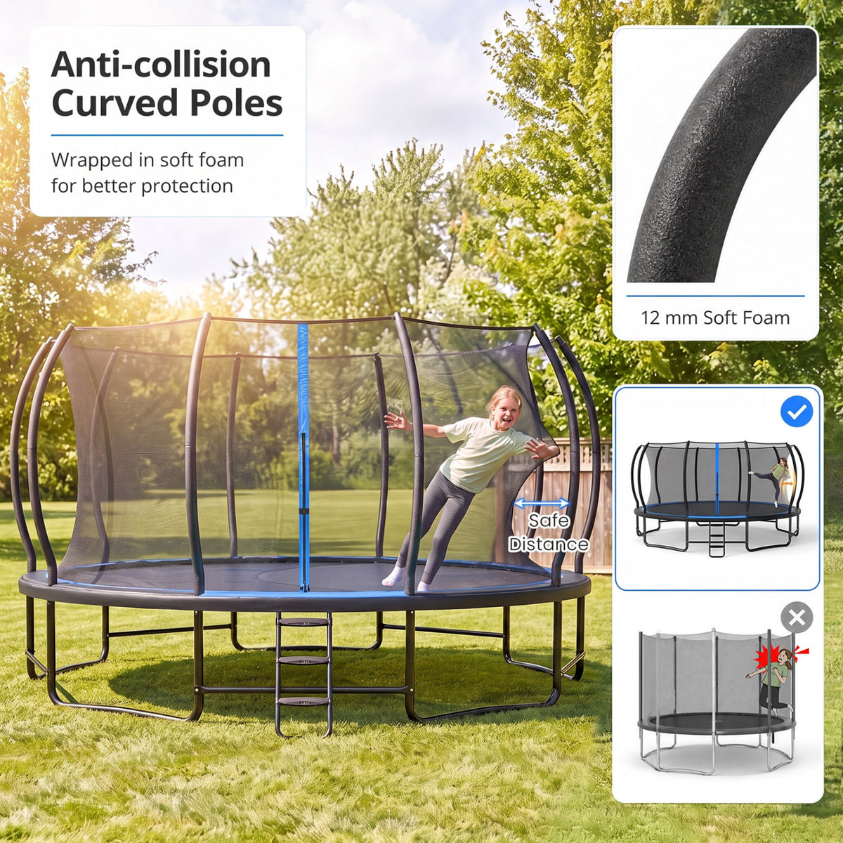 Outdoor Recreational Trampoline Giant Round Rebounder with Enclosure Net, Blue
