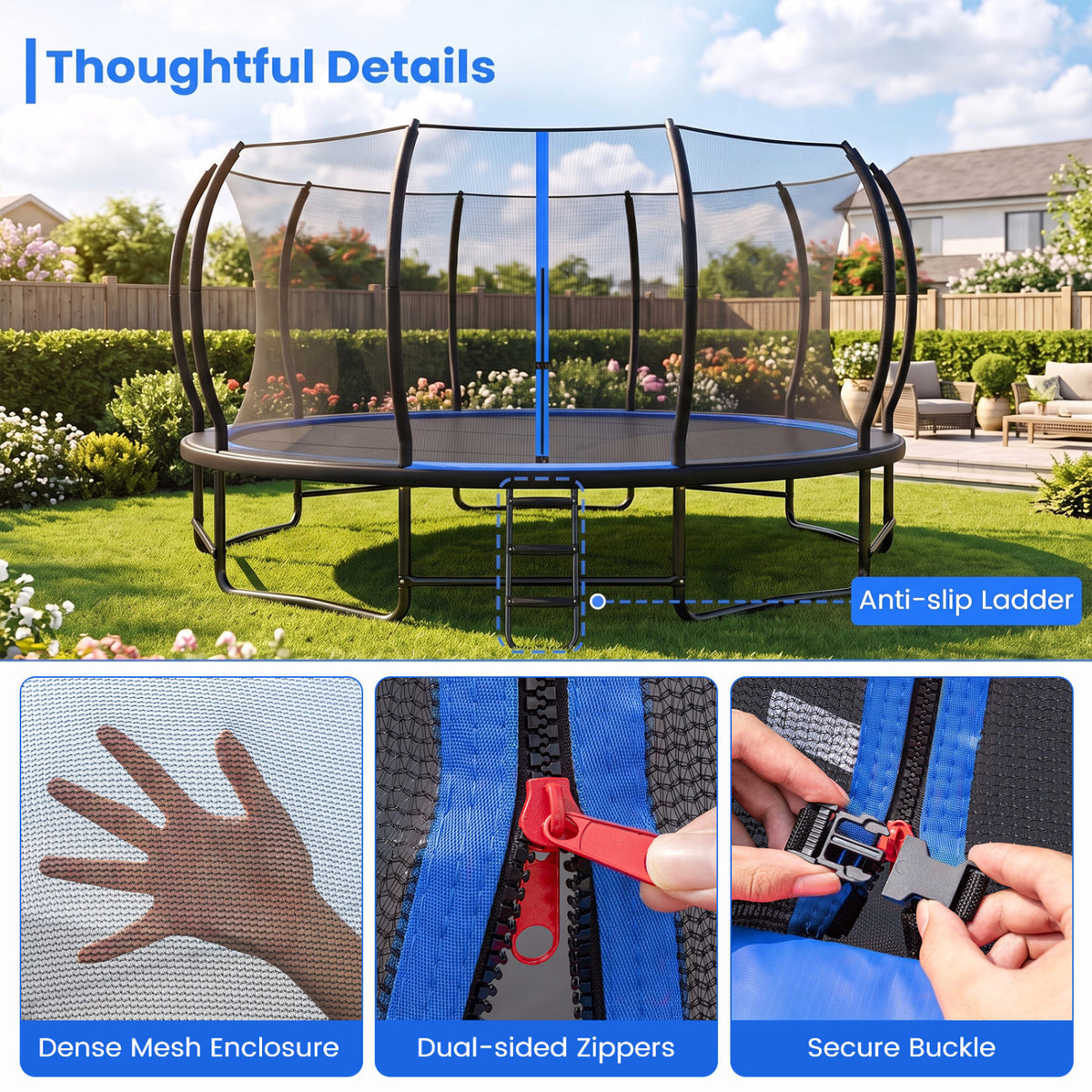 Outdoor Recreational Trampoline Giant Round Rebounder with Enclosure Net, Blue