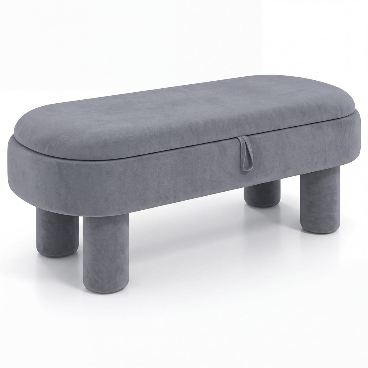 Gray oval upholstered bench shown closed against a plain white background.