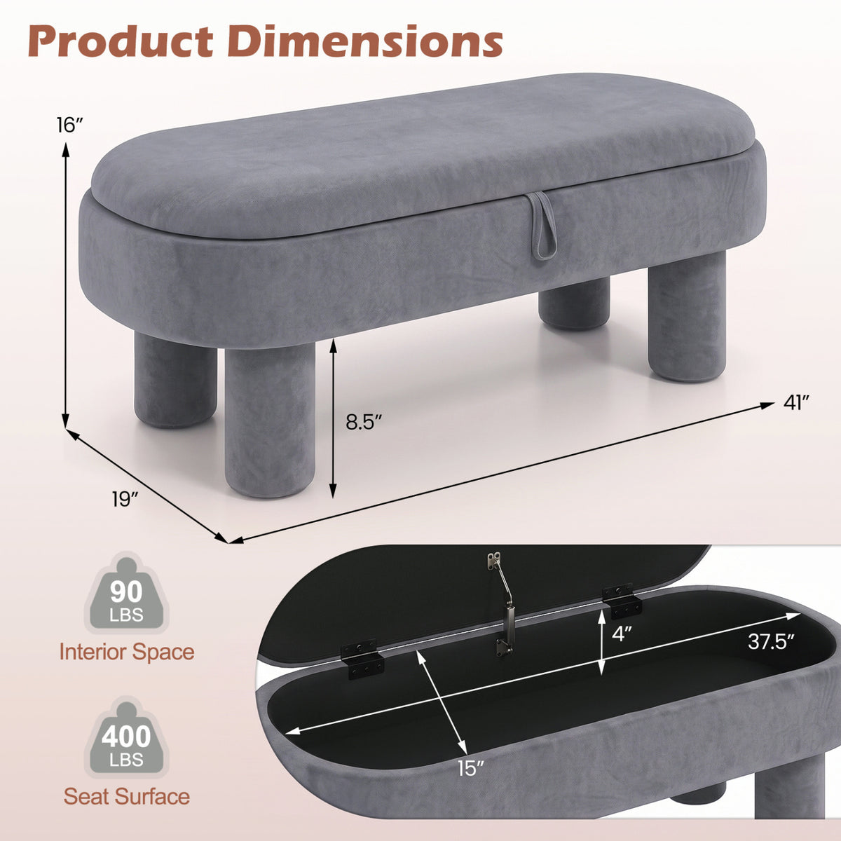 Gray oval upholstered ottoman shown closed and open, with arrows marking its dimensions and interior space.