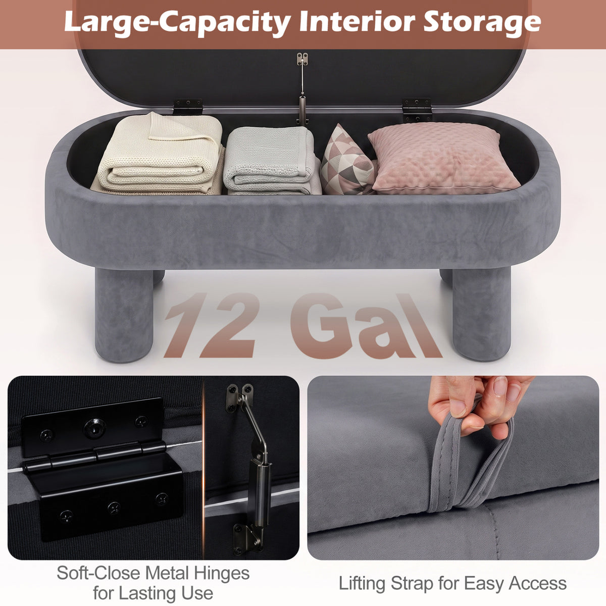 Open gray ottoman holding folded linens and pillows, with close-ups of its hinge and lifting strap.