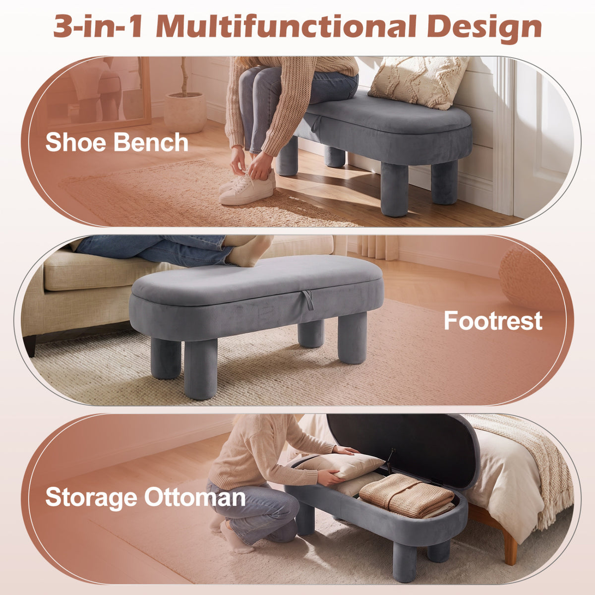 Three scenes show the gray ottoman used as a shoe bench, footrest, and open storage seat.