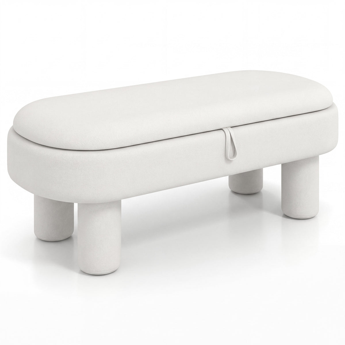Closed cream upholstered oval bench shown against a white background, with a fabric pull loop on the front.