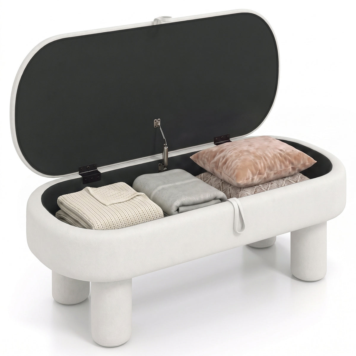 Raised lid reveals folded clothes and a cushion inside the cream upholstered bench.
