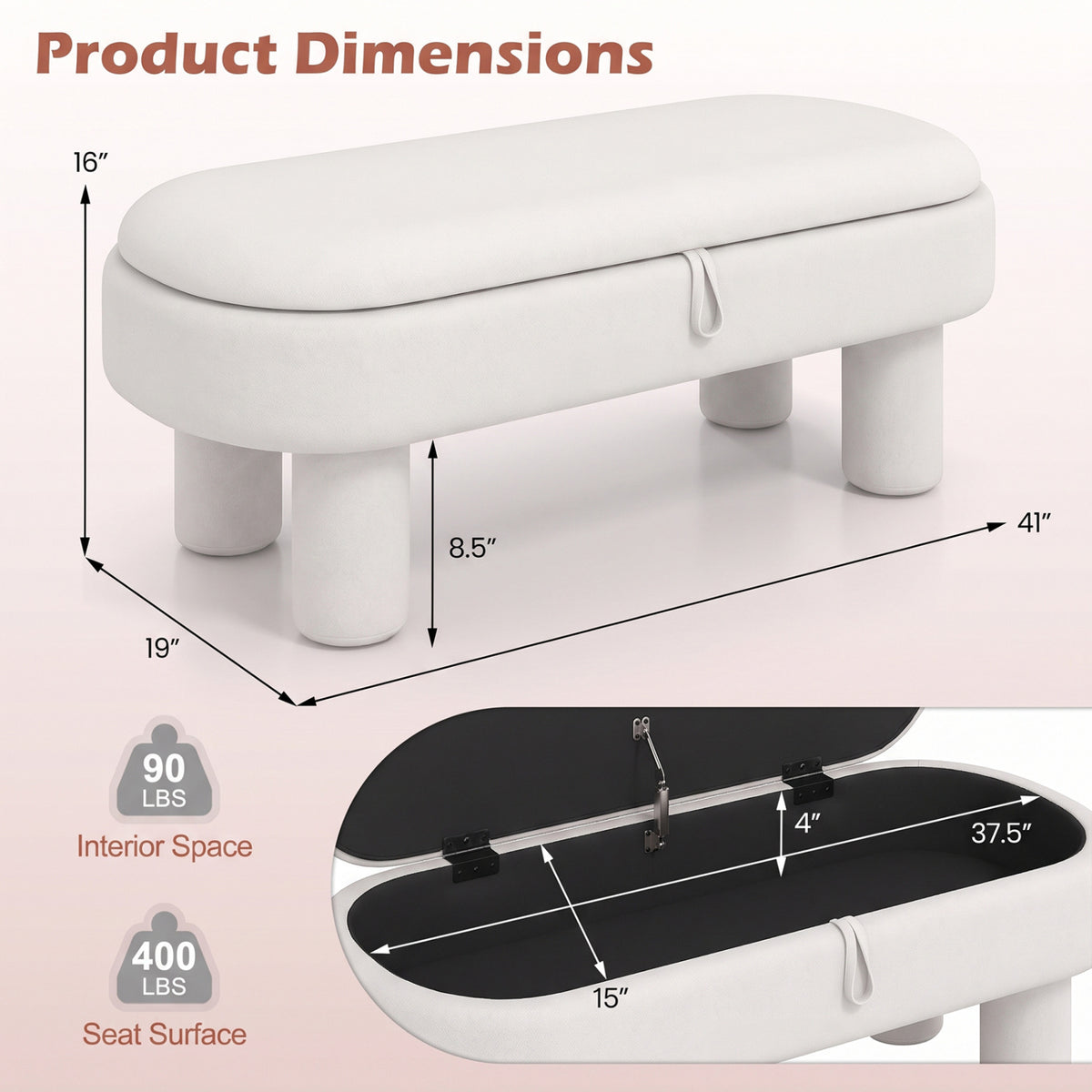 White oval storage ottoman shown with its lid closed and open, with measurement arrows around it.
