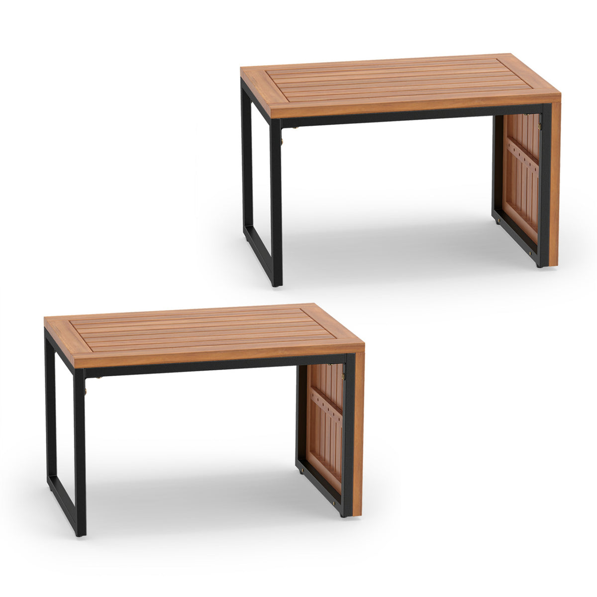 Two matching slatted wood tables with black metal legs shown against a white background.