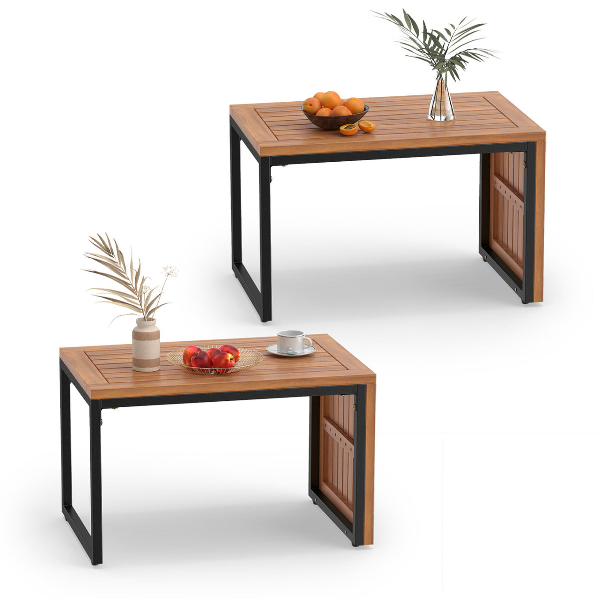 Two matching slatted tables displayed with fruit, cups, vases, and greenery.