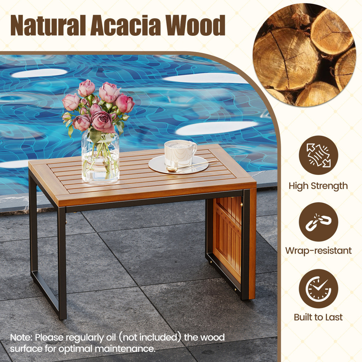 Low wooden patio table with a slatted top beside a pool, holding flowers and a cup.