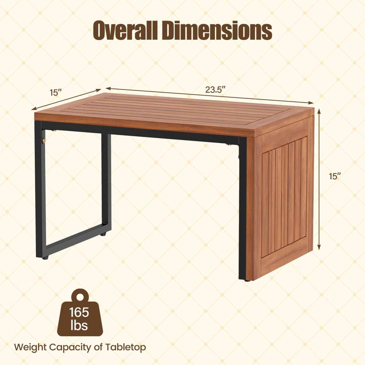 Wooden side table shown from an angle, with a slatted top, paneled end, and black metal support.