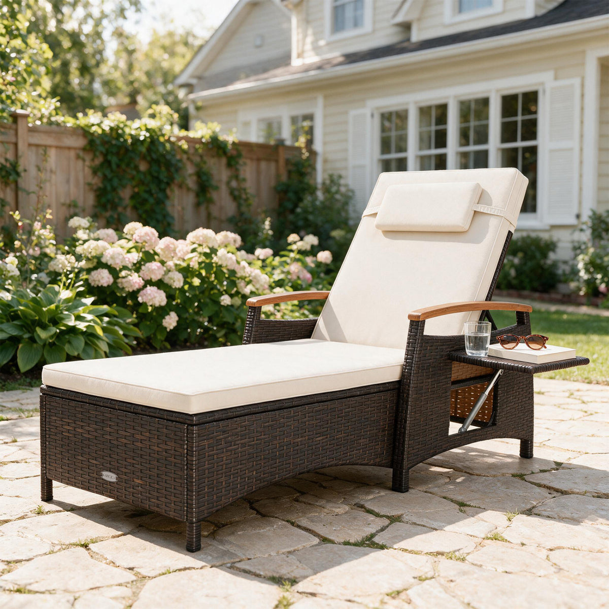 White-cushioned chaise lounge with dark woven frame on a sunny garden patio.