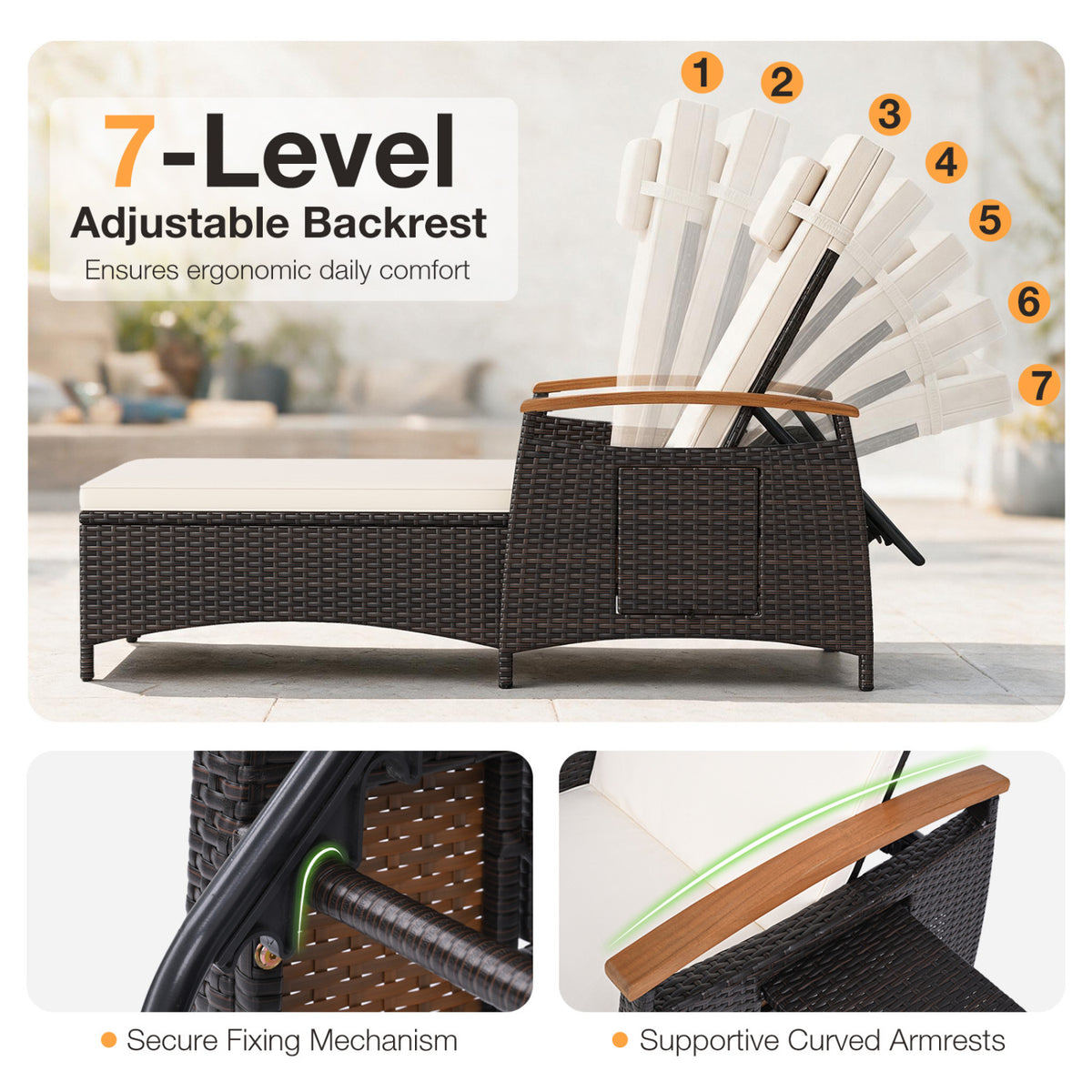 Woven chaise lounge with seven illustrated backrest positions, plus close-ups of its fixing mechanism and curved armrest.
