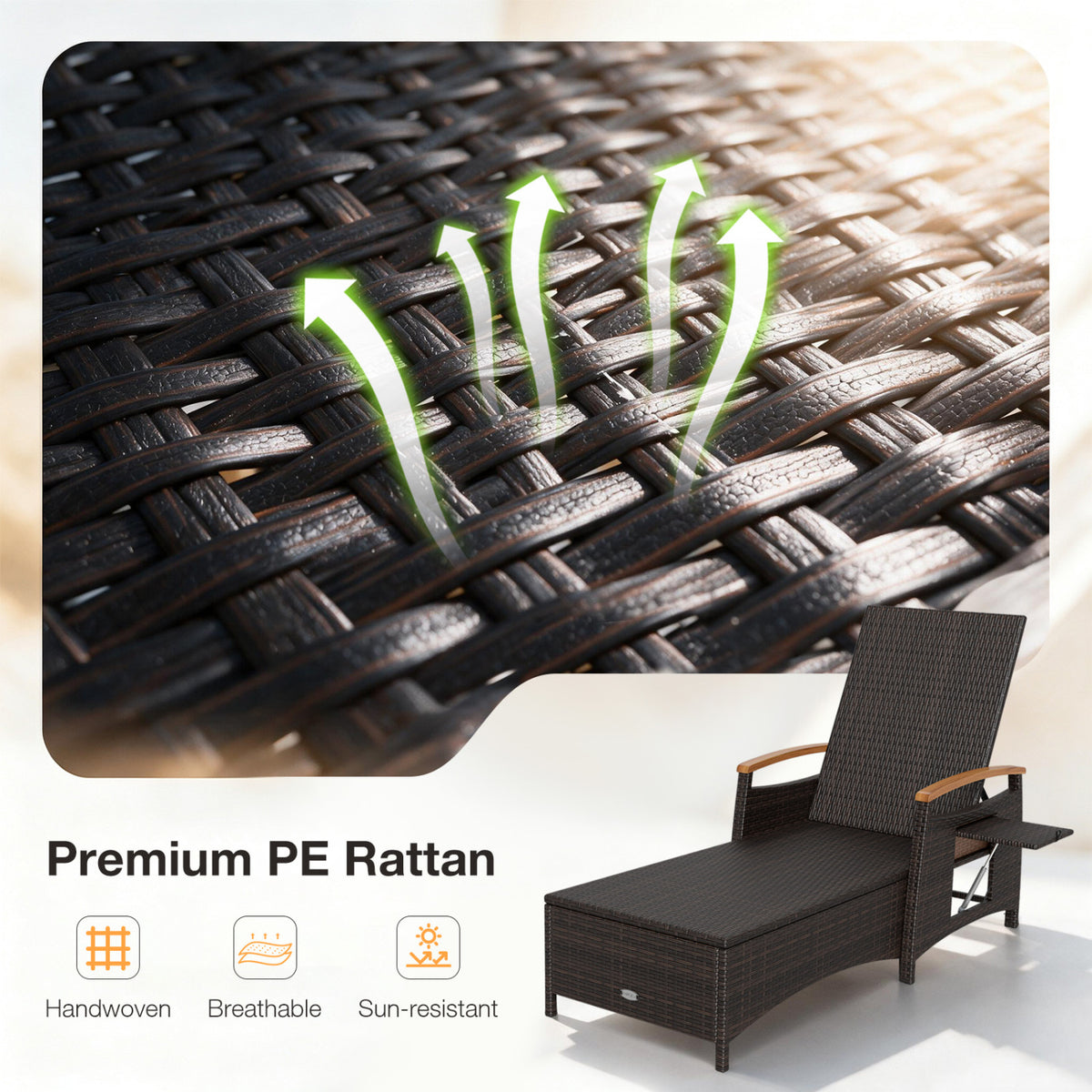 Close-up of dark woven chaise material with airflow arrows, alongside a full lounge chair.