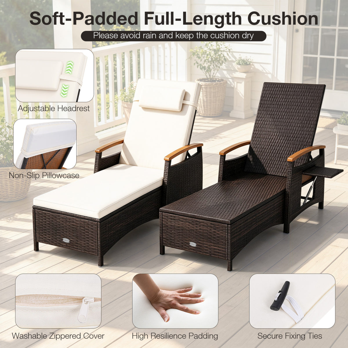 Two woven chaise lounges, one with a pale full-length cushion and headrest; inset photos show cushion details.
