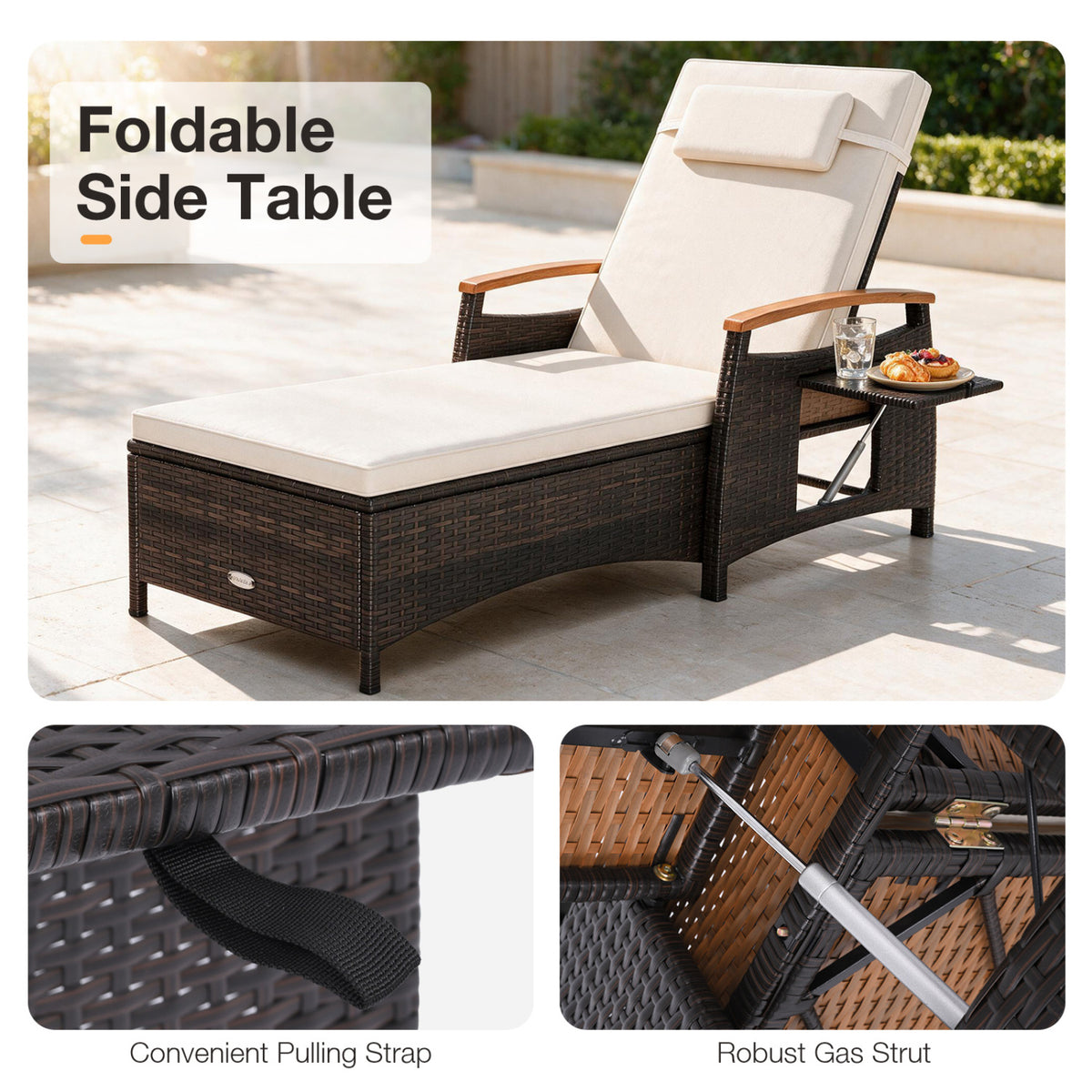 Pale-cushioned chaise with a raised side table holding a drink and fruit, plus close-ups underneath.