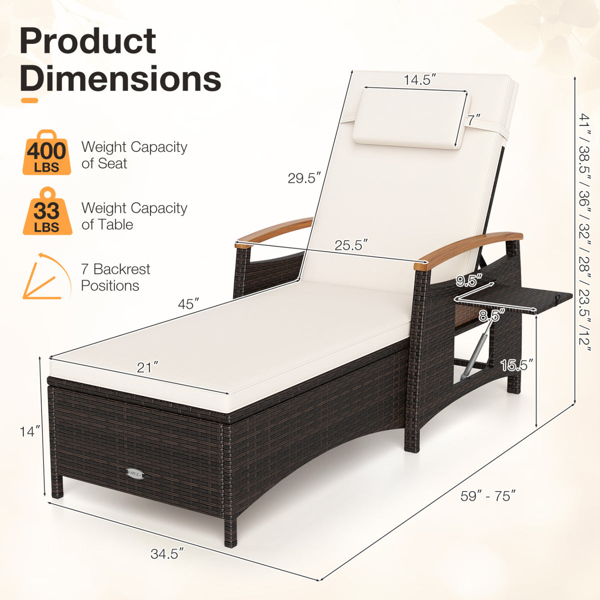 A chaise lounge is shown with dimension lines and callouts on a light background.