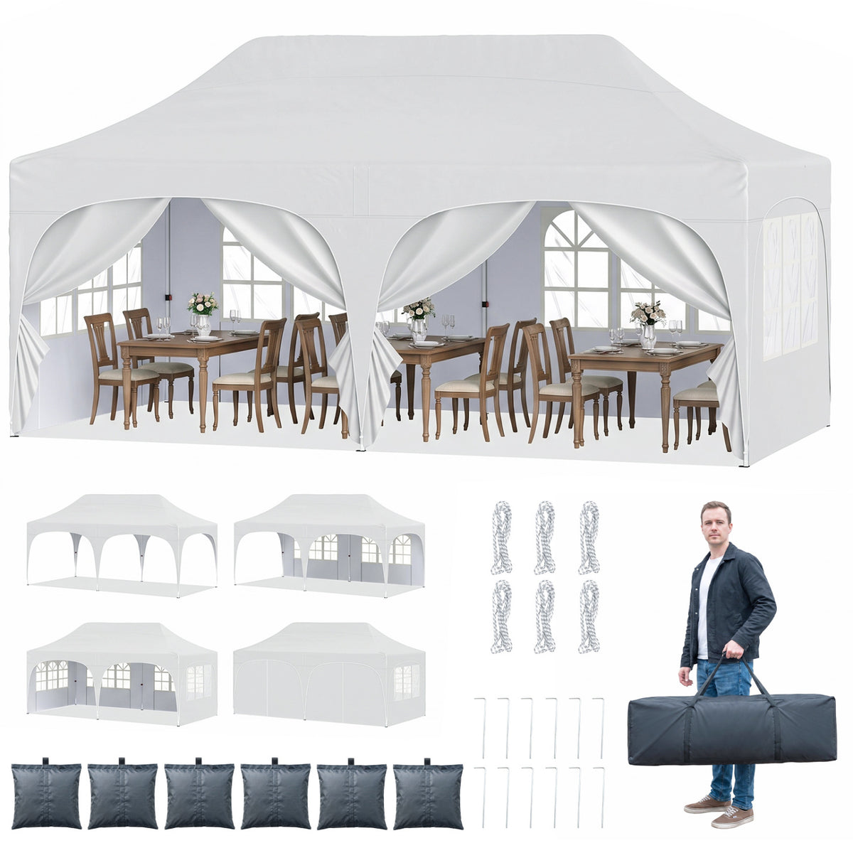 Canopy tent furnished with dining tables, alongside smaller tent views, stakes, sandbags and a carry bag.