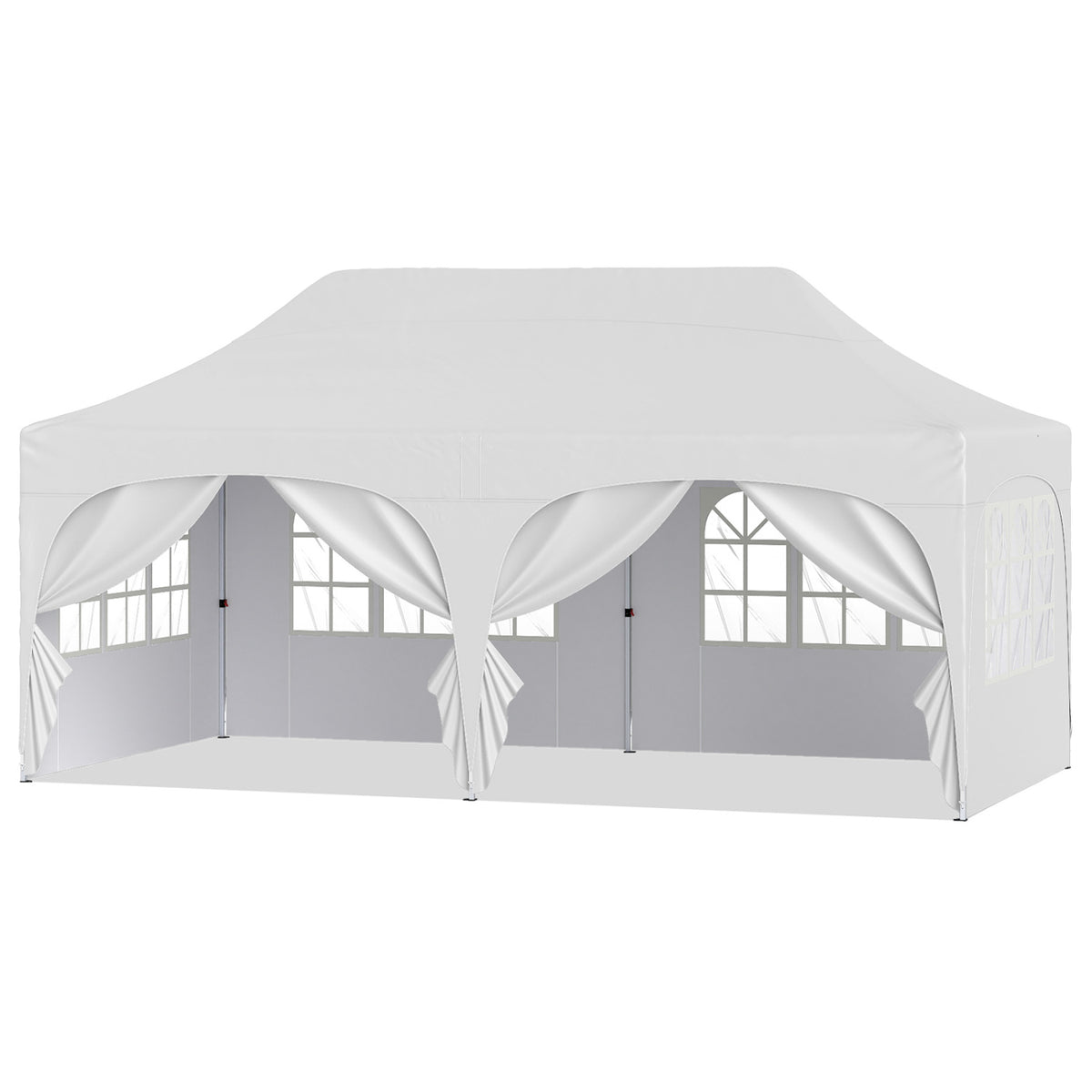 White canopy tent shown alone with tied-back front panels and windowed sidewalls.