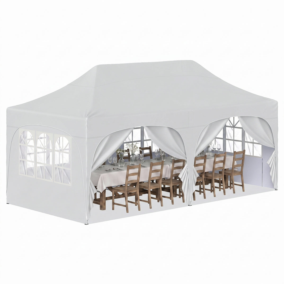 White canopy tent set up with tables and wooden chairs visible through its open sides.