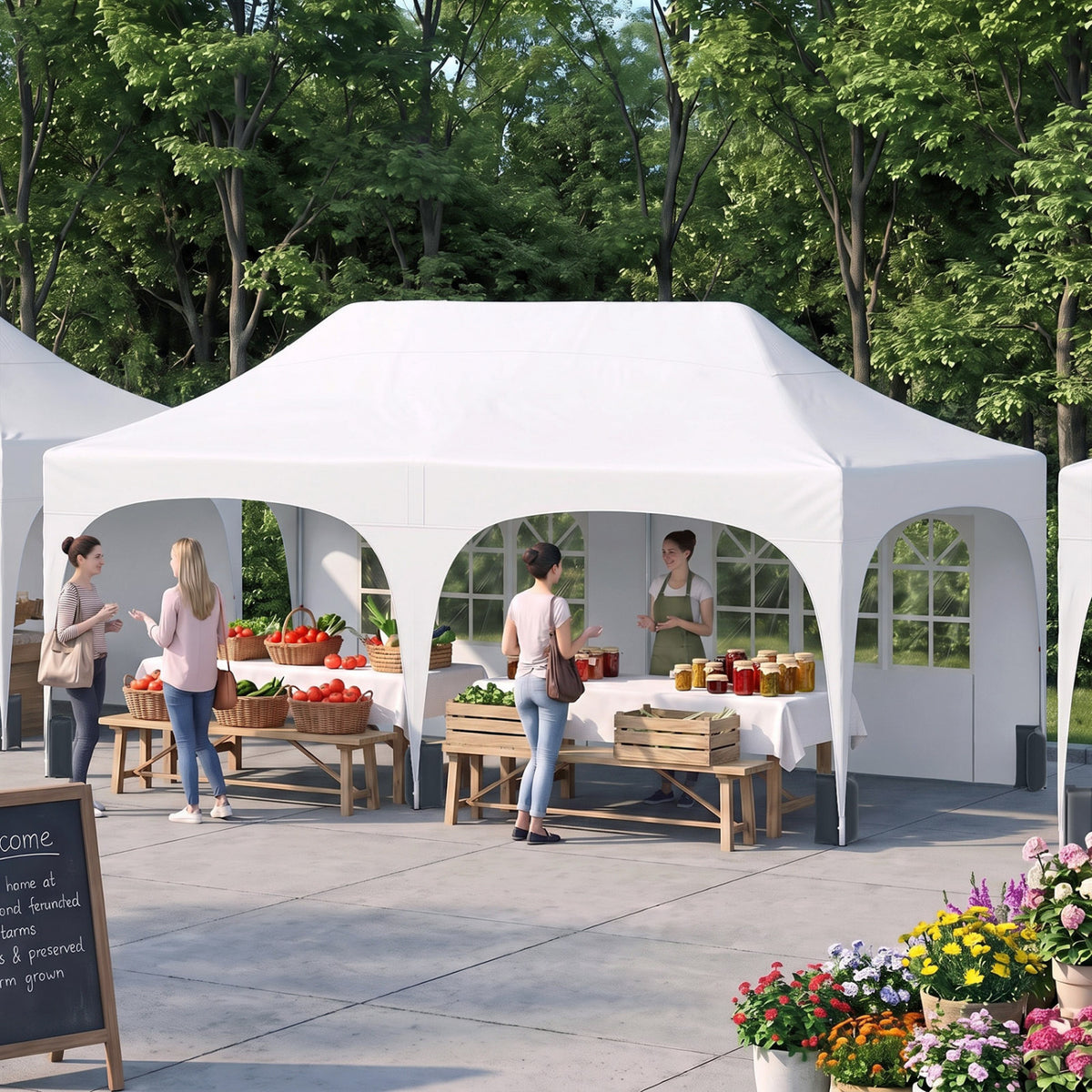 White canopy tent with open arched sidewalls sheltering market tables and shoppers outdoors.