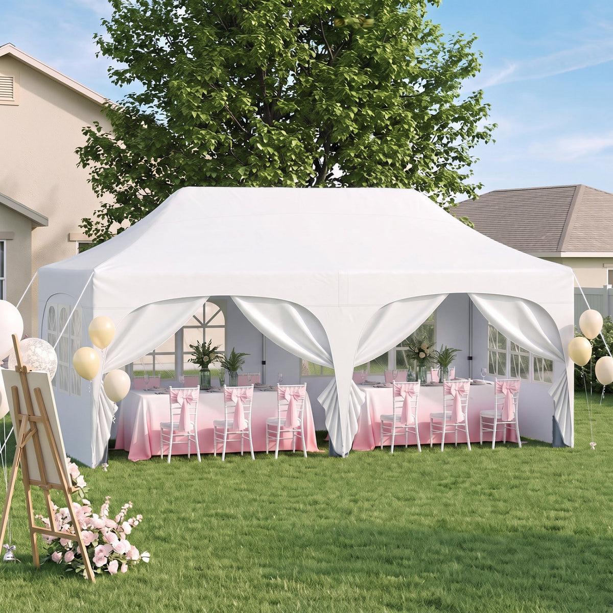 White canopy tent with tied-back sidewalls arranged for an outdoor reception with pink table settings.