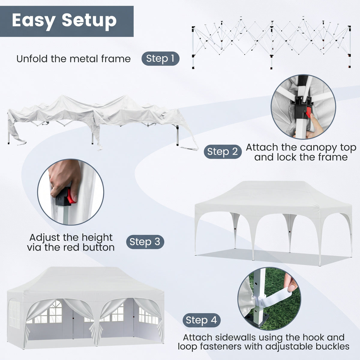 Illustrated steps show the frame unfolding, canopy attachment, height adjustment, and sidewall fastening.