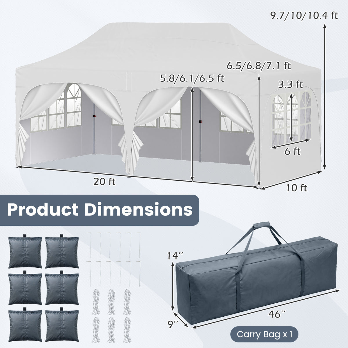 White canopy tent shown with open and windowed sidewalls, alongside a folded carry bag and accessories.