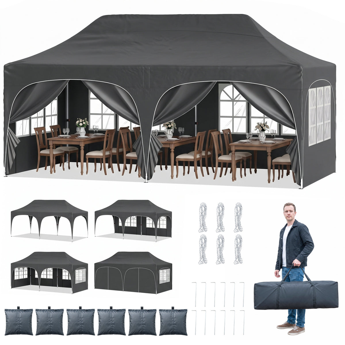 The canopy tent is shown with several layout views, folded fabric pieces, poles, cords, and a person carrying a case.
