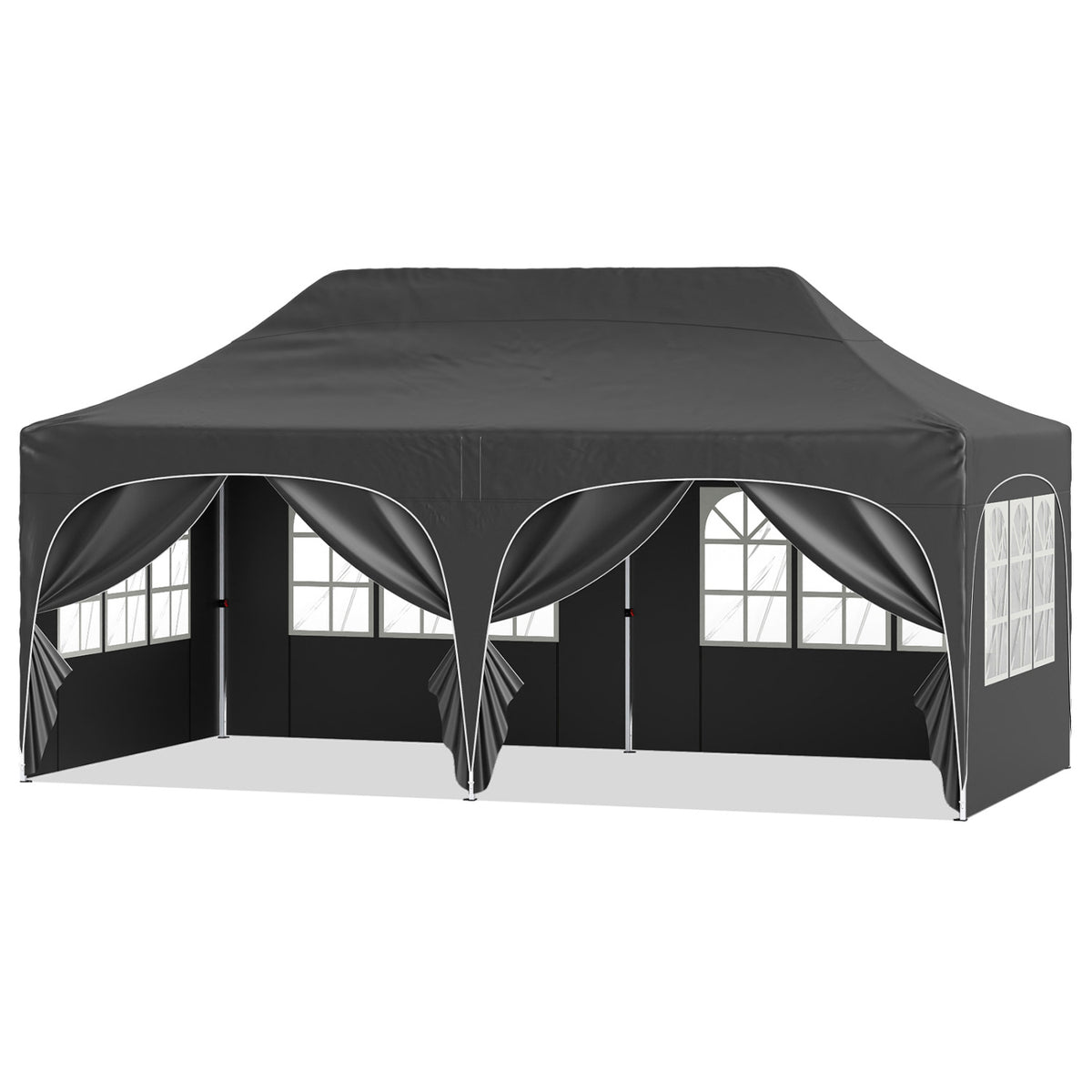 A dark gray canopy tent shown alone with tied-back panels, windowed sidewalls, and a white background.