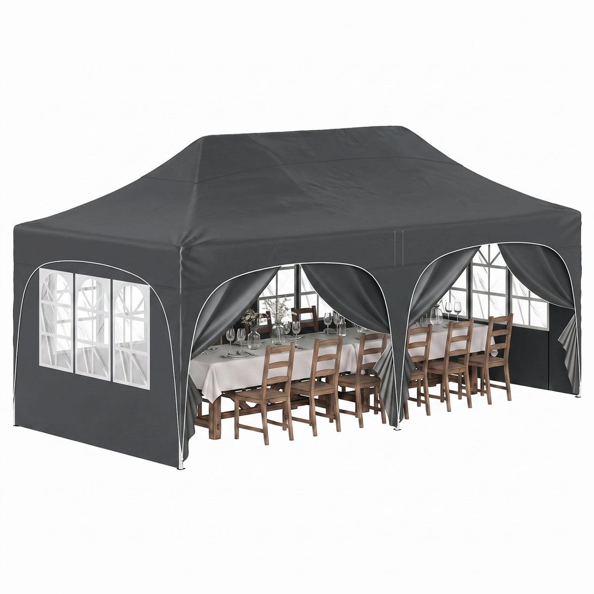 Black pop-up canopy with open arched sides shelters a long dining table and rows of wooden chairs.