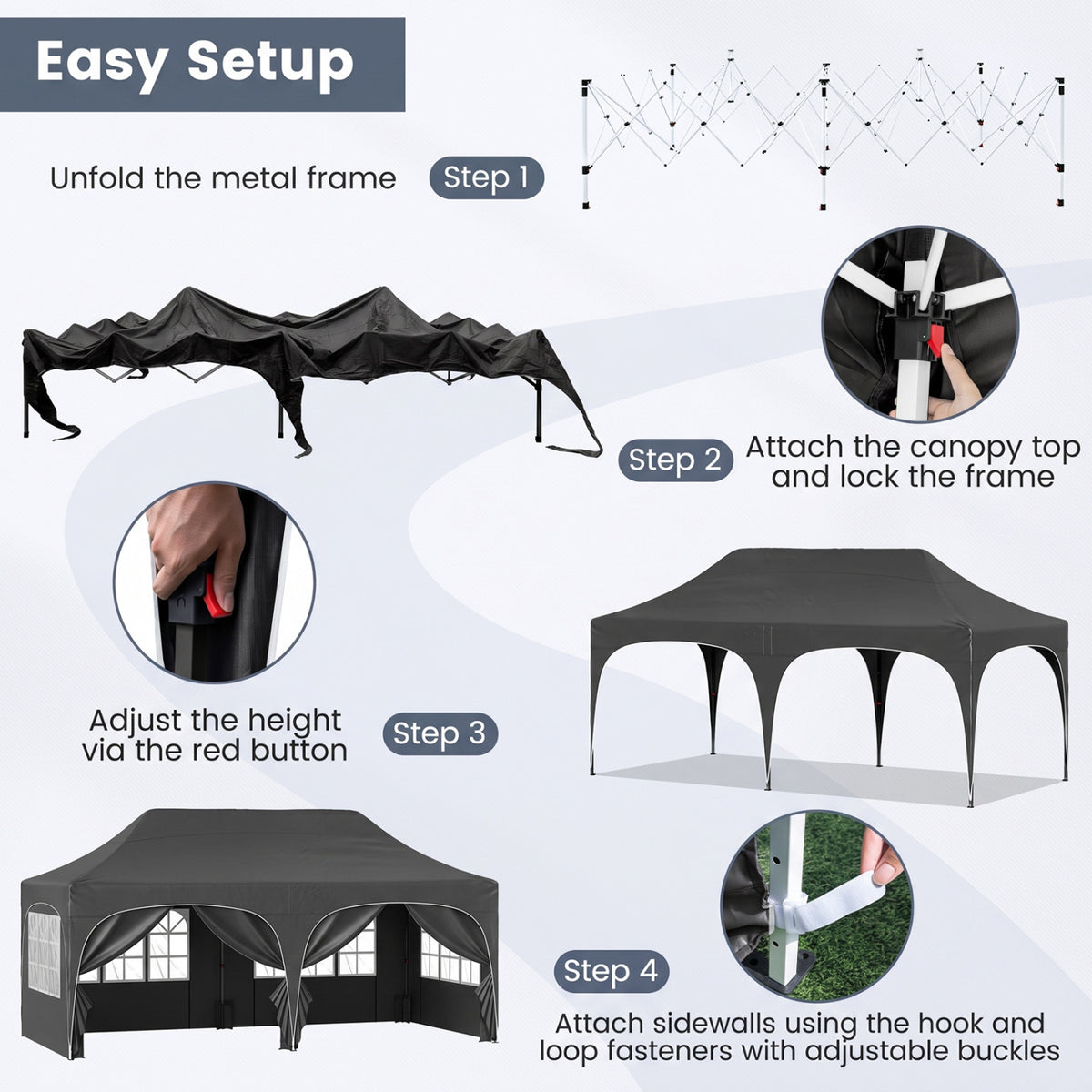Illustrated setup sequence shows the frame unfolding, canopy attachment, height adjustment, and sidewall fastening.